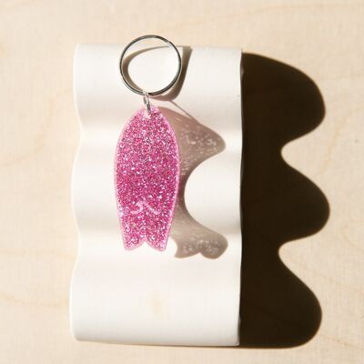 Porte-clés planche de surf glitter rose motif vague