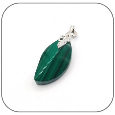 Pendentif Argent 925 Malachite Bélière Feuille avec Zircons