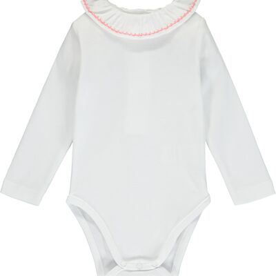 Baby Bodysuit with frill collar and pink embroidery
