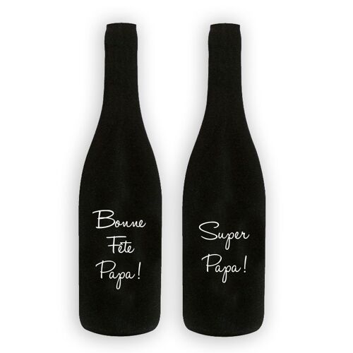 Set de 2 Cache-bouteilles - chaussette blind test noire marquage BLANC "Bonne Fête Papa" & "Super Papa !"