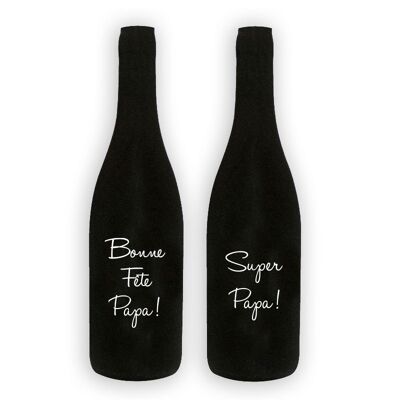 Set of 2 bottle covers - black blind test sock with WHITE marking "Bonne Fête Papa" & "Super Papa!"