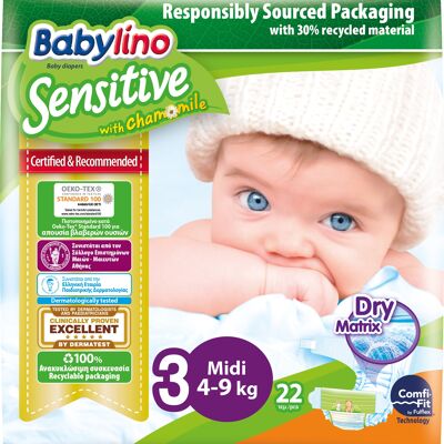 Babylino Sensitive Diapers Size 3, Midi (4-9kg), 22 Units
