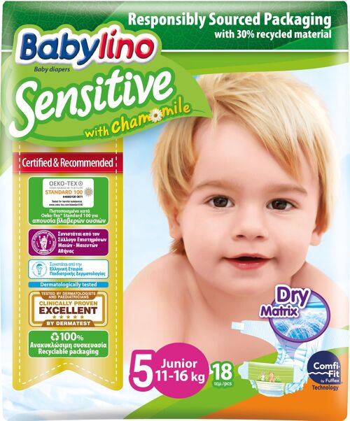 Babylino Sensitive Pannolini Taglia 5, Junior (11-16kg), 18 Unità