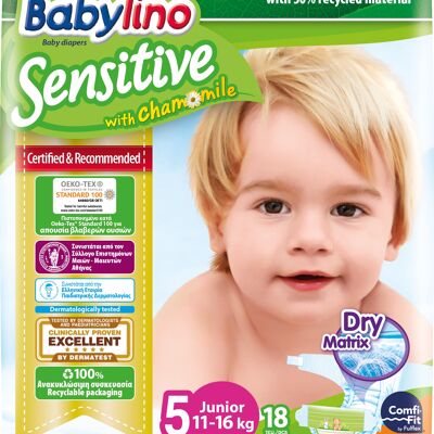 Babylino Sensitive Diapers Size 5, Junior (11-16kg), 18 Units