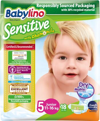 Babylino Sensitive Couches Taille 5, Junior (11-16kg), 18 Unités