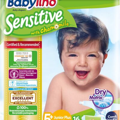 Babylino Sensitive Diapers Size 5+, Junior Plus (12-17Kg), 16 Units