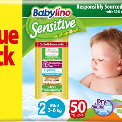 Babylino Sensitive Baby Couches Taille 2, Mini (3-6Kg), 50 Unités, Pack Économique