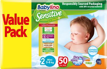 Babylino Sensitive Baby Couches Taille 2, Mini (3-6Kg), 50 Unités, Pack Économique