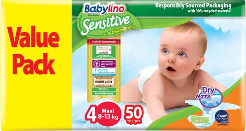 Babylino Sensitive Pannolini Taglia 4, Maxi (8-13kg), 50 Unità, Confezione Risparmio