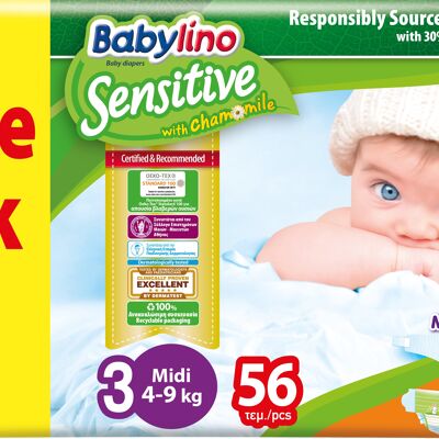 Babylino Sensitive Diapers Size 3, Midi (4-9kg), 56 Units, Economy Pack