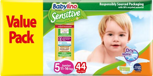 Babylino Sensitive Pannolini Taglia 5, Junior (11-16kg), 44 Unità, Confezione Risparmio