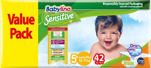 Babylino Sensitive Pannolini Taglia 5+, Junior Plus (12-17Kg), 42 Unità, Confezione Risparmio