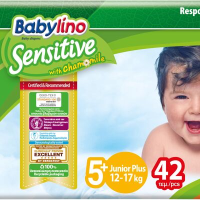 Babylino Pañales Sensibles Talla 5+, Junior Plus (12-17Kg), 42 Unidades, Pack Económico