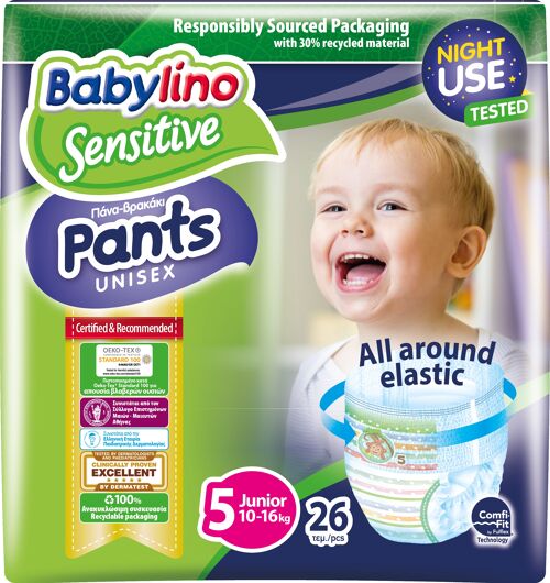 Babylino Sensitive Pannolini Mutandina Taglia 5, Pants Junior (10-16kg), 26 Unità