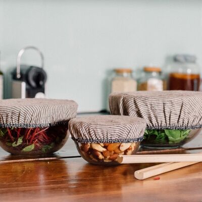 Striped Reusable Linen Bowl Covers Dark Blue and Natural Stripes