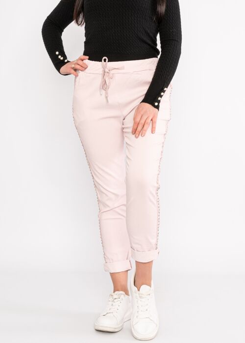 Pink high stretch cropped magic trousers with studded side strip