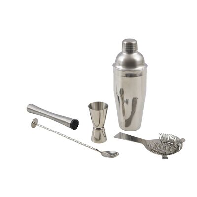 Cocktail set: Cobbler shaker, measuring spoon, cocktail muddler, spoon and strainer