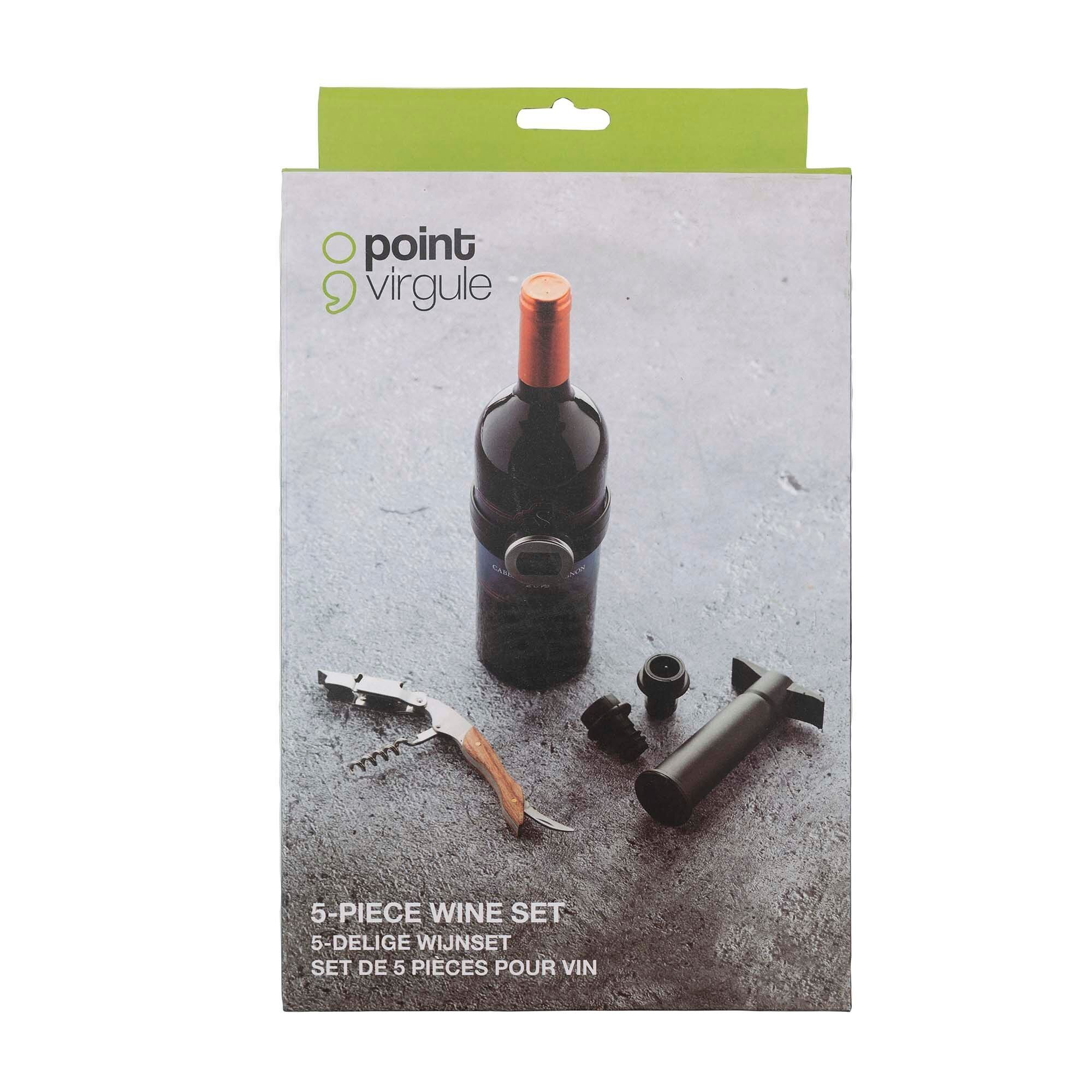 Servizio da vino 5 pezzi: therm. bottiglia, coltello da sommelier, pompa del vuoto + 2 tappi