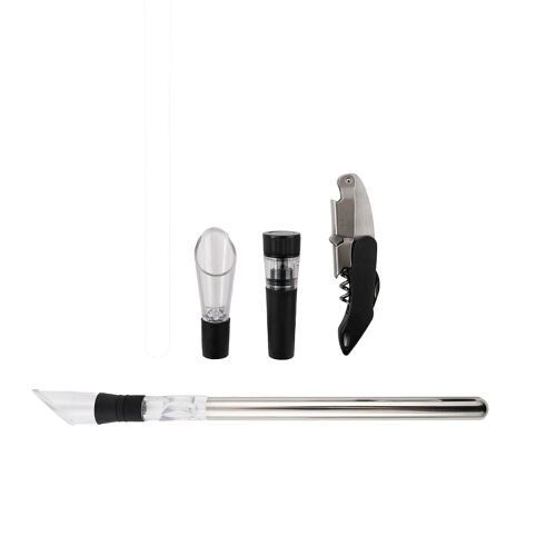 Set 4 pièces pour vin: couteau sommelier, bâton refroidisseur, bec verseur & bouchon