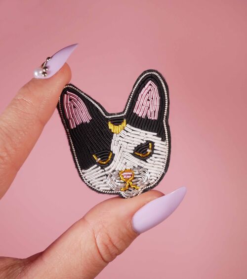 Broche Chat lune - broderie fait main cannetille