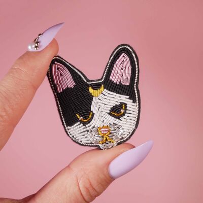 Broche Chat lune - broderie fait main cannetille