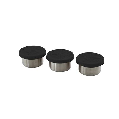 Set di 3 contenitori in acciaio inox con coperchio in silicone nero da 60 ml