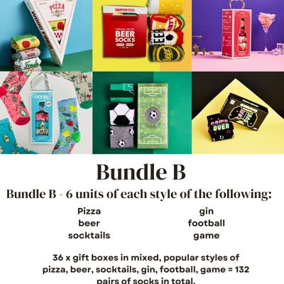 Paquete B: calcetines de regalo novedosos, pizza, cerveza, calcetines, ginebra, fútbol, juegos
