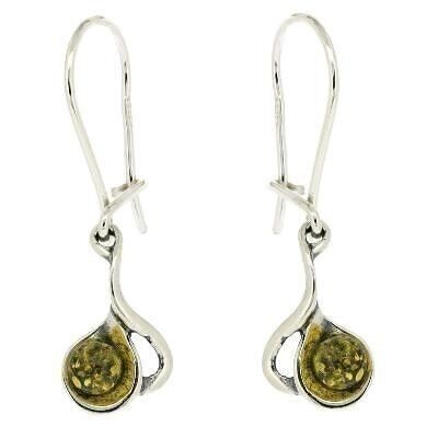 Boucles d'oreilles courbes en argent sterling et ambre vert et boîte de présentation