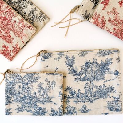Toile De Jouy Zipper Pouch, Three Colors and Two Sizesblue 7x5