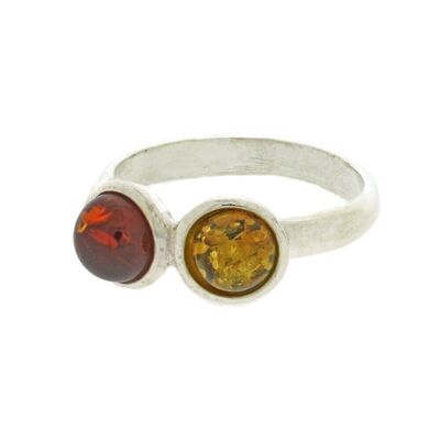 Bague double ronde taille N en ambre cognac et citron avec boîte de présentation