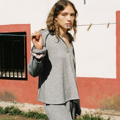 Übergroßes Wollstrick-Poloshirt grau meliert Farbe NOMURA