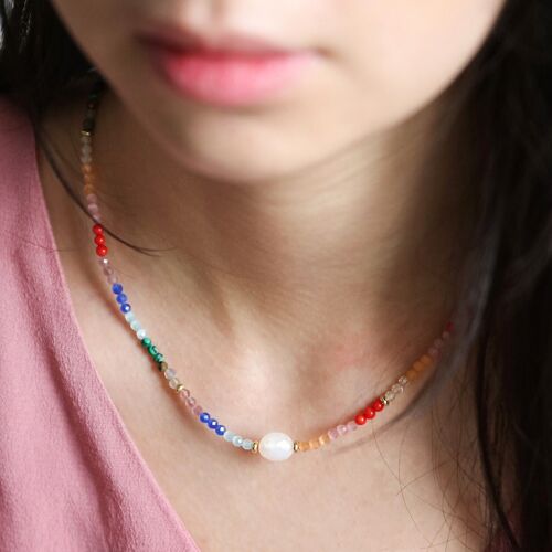 Rainbow Beads and Freshwater Pearl Necklace