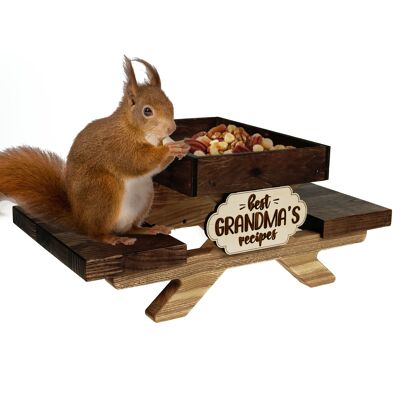 Divertente mangiatoia per scoiattoli e scoiattoli da esterno, mangiatoia da tavolo da picnic per scoiattoli, vassoio per frutta e noci, panca in legno per animali selvatici