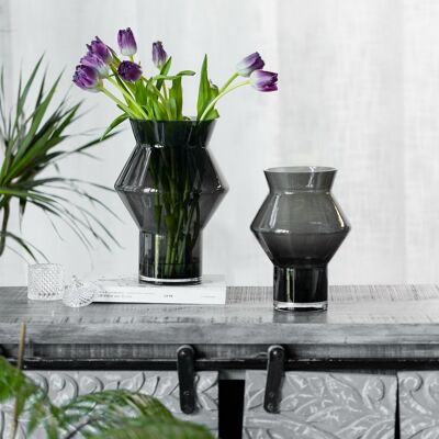 Vase design de forme cylindrique angulaire dentelée, verre gris foncé de haute qualité, CUZ11GR