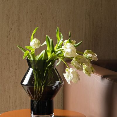 Large design vase with jaggy angular cylindrical shape, dark gray high quality glass, CUZ14GR