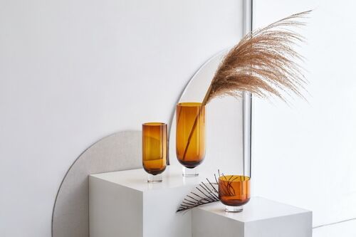 Sober modern glass vase, cylindrical shape on a solid base, warm dark orange, OMAHA14AM