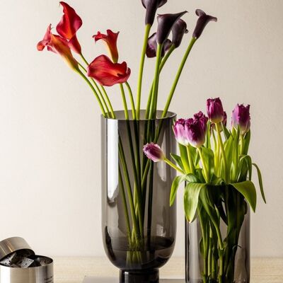 Vase en verre moderne sobre, forme cylindrique sur une base solide, gris foncé, OMAHA14GR