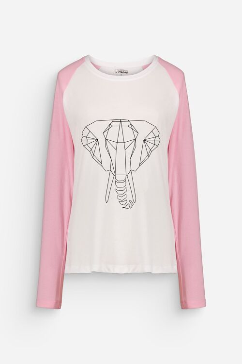 T-shirt Manche Longue Femme Elephant Rose et Blanc