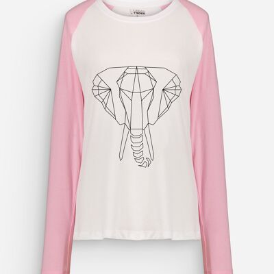 Camiseta de manga larga de elefante rosa y blanco para mujer