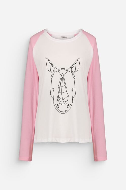 T-shirt Manche Longue Femme Rhinocéros Rose et Blanc
