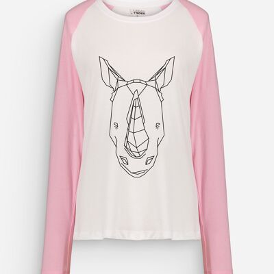 Maglietta a maniche lunghe da donna con rinoceronte rosa e bianco