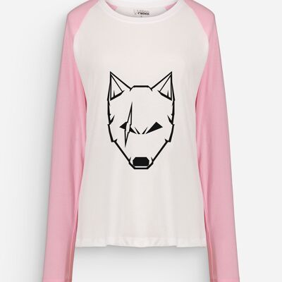 Camiseta de manga larga de mujer lobo con cicatrices rosa y blanco