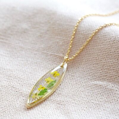 Pressed Yellow Flowers Pendant Necklace in Gold