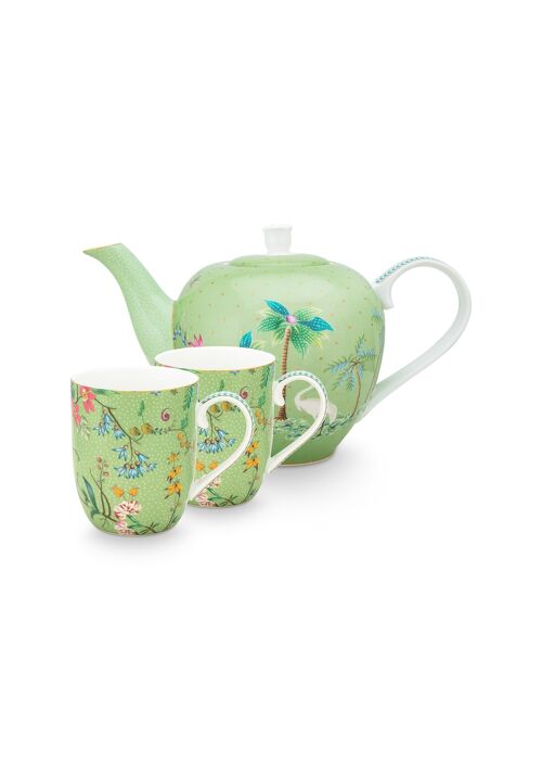 PIP - Coffret service à thé 2 petits mugs 145ml et théière S fleurs Jolie vert