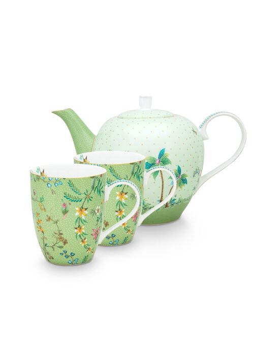 PIP - Coffret service à thé 2 grands mugs 350ml & théière 1,6L fleurs Jolie vert