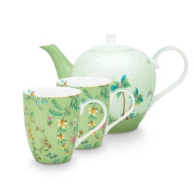 PIP - Tea set with 2 large mugs 350ml & teapot 1.6L Pretty green flowers