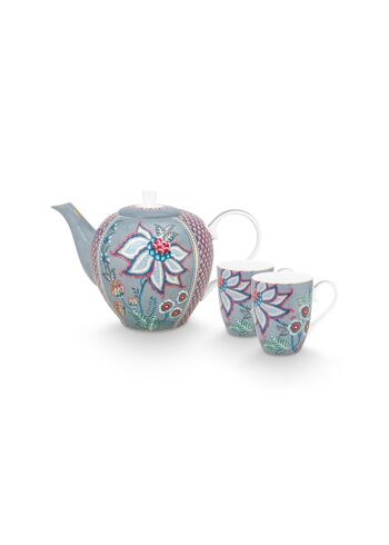 PIP - Coffret service à thé 2 grands mugs & théière L Flower Festival Bleu clair