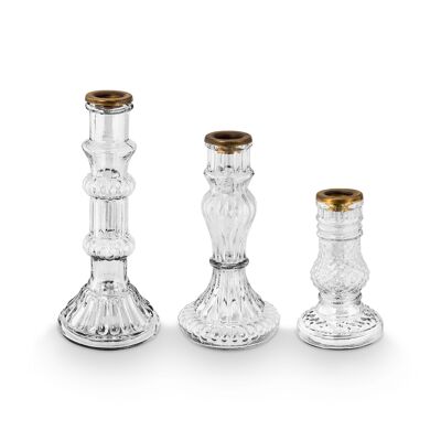 PIP - Set of 3 clear glass candlesticks