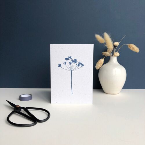 Plant Print Greeting card | Cow Parsley head in blue