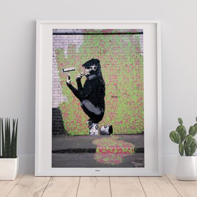 Grafitti Art - Mono sentado en lata de pintura - 11X14" Premium Art Print